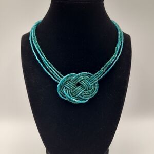 Turquoise Seed Bead Knot Necklace Multi Strand Statement